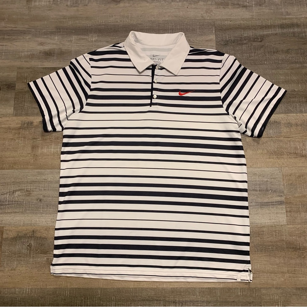 Nike Dri Fit Mens XL Black & White Striped Golf Polo Shirt